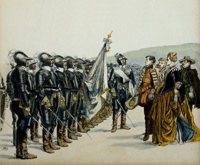 Juana de Albret y su hijo Enrique IV ante sus tropas protestantes. Ilustración de Hermann Vogel en “Henri IV” de Hermann Vogel