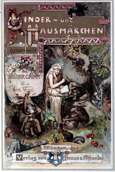 Kinder und hausmarchen (Cuento de la infancia y del hogar) 1812: las fábulas de los hermanos Grimm. Portada de Hermann Vogel de 1894 representando Blancanieves. de Hermann Vogel