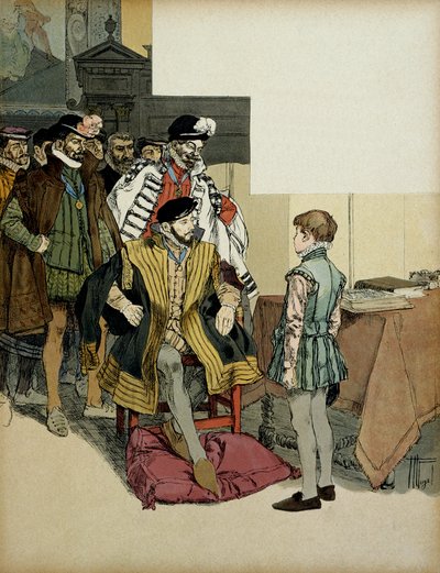 El Rey de Francia Enrique II (1519-1559) rodeado de sus caballeros gusta de interrogar a Enrique IV (1553-1610) de niño por sus respuestas. Ilustración de Hermann Vogel (1856-1918) en “Henri IV” de Hermann Vogel