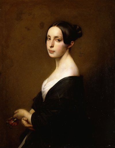 Retrato de una dama, medio cuerpo, vistiendo un vestido negro y sosteniendo un clavel de Hermann Winterhalter