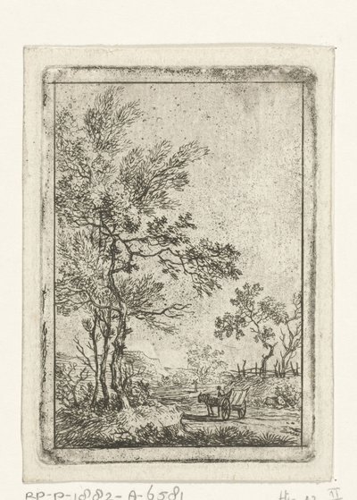 Paisaje con árboles altos y caballos y carruajes. de Hermanus Fock