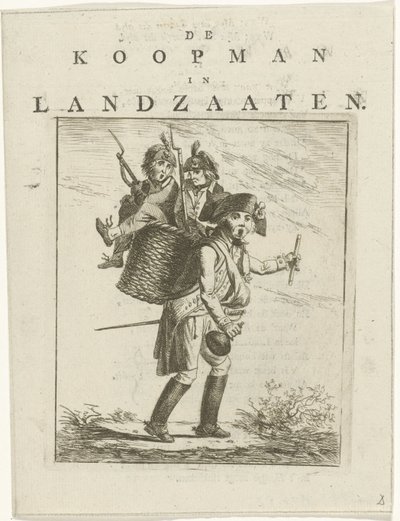 Hoja de canción y caricatura con soldados. Caricatura sobre Willem V El comerciante en Landzaaten (título sobre objeto) de Hermanus Fock