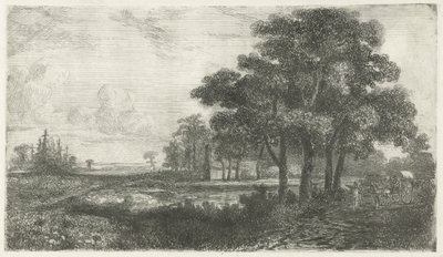 Paisaje arbolado con carreta cubierta de Hermanus Jan Hendrik van Rijkelijkhuysen