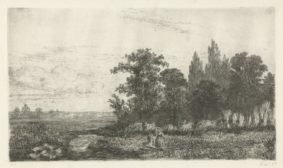 Hombre y mujer junto a un arroyo al borde del bosque. de Hermanus Jan Hendrik van Rijkelijkhuysen