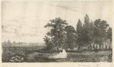 Hombre y mujer junto a un arroyo al borde del bosque. de Hermanus Jan Hendrik van Rijkelijkhuysen
