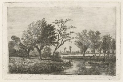 Río con un pescador en un bote de Hermanus Jan Hendrik van Rijkelijkhuysen