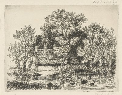 Vista al río con una barcaza y patos de Hermanus Jan Hendrik van Rijkelijkhuysen