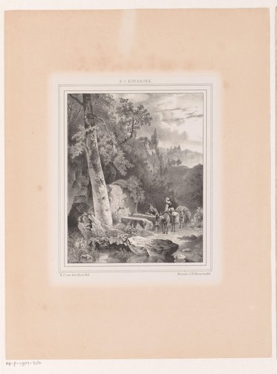 Paisaje con un hombre, una mujer y dos burros en un pozo de Hermanus Johannes van den Hout