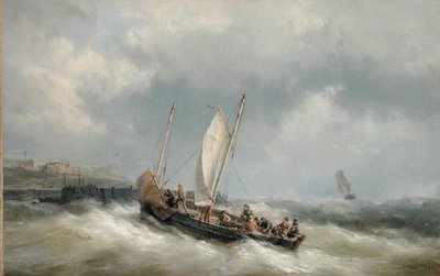 Un lugre entrando al puerto en una tormenta de Hermanus Koekkoek