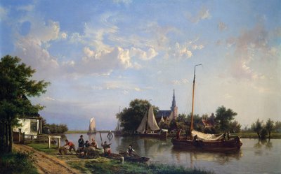 Barcazas en un canal en verano (óleo sobre lienzo) de Hermanus Koekkoek