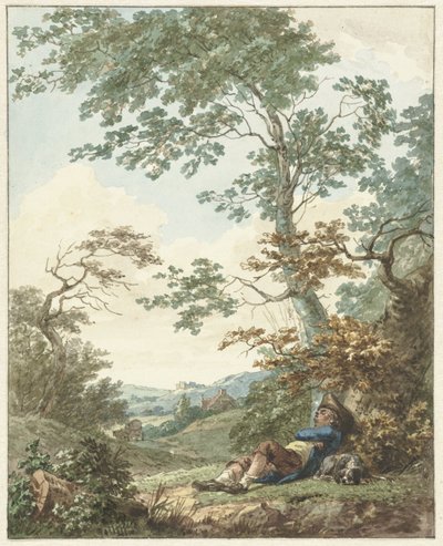 Hombre durmiendo con perro debajo de un árbol de Hermanus Numan
