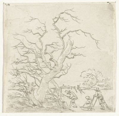 Paisaje invernal con patinadores y leñadores. de Hermanus van Brussel