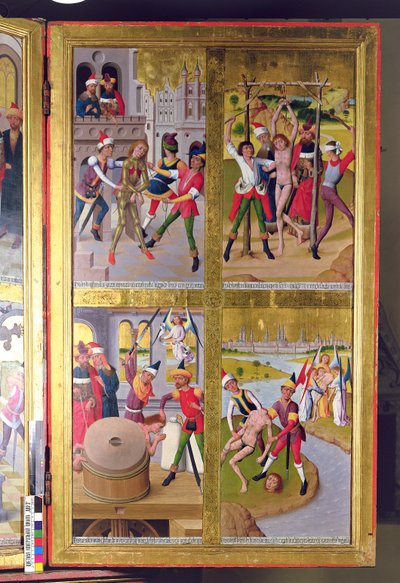 Escenas de la vida de San Víctor de la sección interior del ala exterior derecha del antiguo altar mayor en la iglesia de San Nicolás, 1481 de Hermen Rode