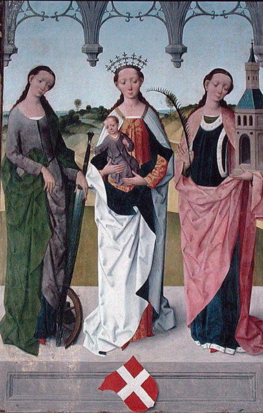Santa Catalina, la Virgen María y Santa Bárbara, del Altar Mayor de la Iglesia de San Nicolás, 1481 (detalle) de Hermen Rode