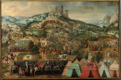Un asedio en Therouanne, con un ejército liderado por Carlos V acampado bajo la ciudad de Herri met de Bles