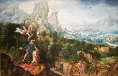Cuando Abraham levanta la mano para matar a Isaac, un ángel la detiene (Génesis 22:10). de Herri met de Bles