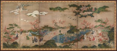 Los espectadores de arce - Pantalla en seis paneles - Obra de Kano Hideyori (activo 1565-1576), acuarela y tinta sobre papel - Arte japonés de Hideyori Kano