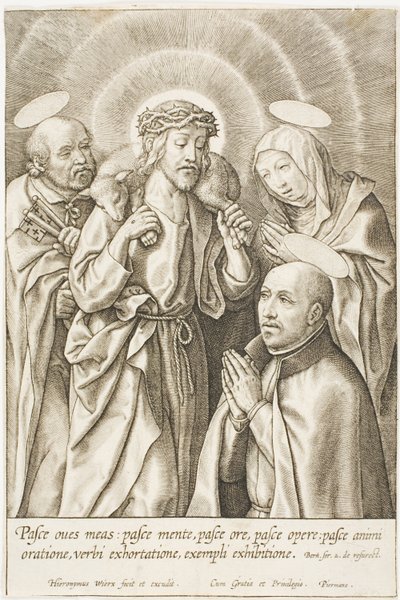 Ignacio de Loyola arrodillado ante Cristo, la Virgen y San Pedro de Hieronymous Wierix
