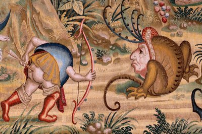 Tapiz flamenco. Serie Cuatro tapices según Hieronymus Bosch. San Antonio en oración (San Antonio en oración). Segundo tapiz de la serie. Modelo Inspirado en la obra de Hieronymus Bosch. Fabricación Taller desconocido, Bruselas. Antes de 1560. Tejido Ir de Hieronymus (after) Bosch