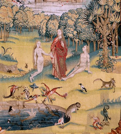 Tapiz flamenco. Serie Cuatro tapices según Hieronymus Bosch. El Jardín de las Delicias (Jardín de las Delicias). Cuarto tapiz de la serie. Modelo Inspirado en la obra de Hieronymus Bosch. Fabricación Taller desconocido, Bruselas. Antes de 1560. Fa de Hieronymus (after) Bosch