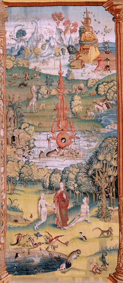 Tapiz flamenco. Serie Cuatro tapices según Hieronymus Bosch. El Jardín de las Delicias (Jardín de las Delicias). Cuarto tapiz de la serie. Modelo Inspirado en la obra de Hieronymus Bosch. Fabricación Taller desconocido, Bruselas. Antes de 1560. Fa de Hieronymus (after) Bosch