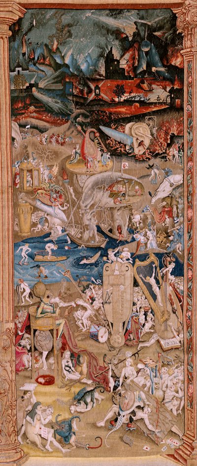 Tapices flamencos. Serie de cuatro tapices según el Bosco. El Jardín de las Delicias. Cuarto tapiz de la serie. Modelo Inspirado en la obra de El Bosco. Fabricación Taller desconocido, Bruselas. Antes de 1560. Fa de Hieronymus (after) Bosch