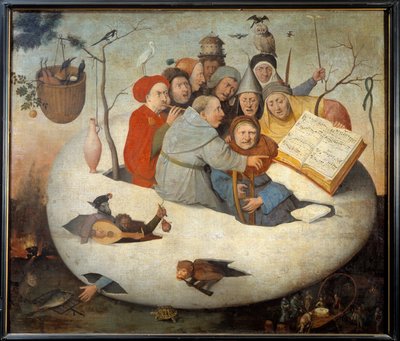 El concierto en el huevo. Sátira de la alquimia simbolizada por el huevo filosófico. Pintura después de Hieronymus Bosch (siglo XV) de Hieronymus (after) Bosch