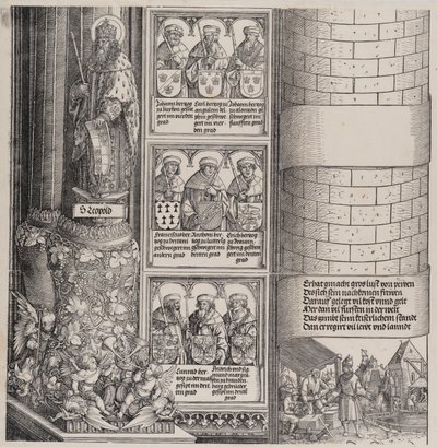 Maximiliano como Arquitecto, con una Estatua de San Leopoldo, y Bustos de los Ancestros de Maximiliano, 1517-1518 de Hieronymus Andreae