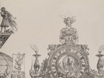 El pináculo del portal derecho, y un trompetista y estandarte del portal central, 1515 de Hieronymus Andreae