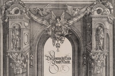 La sección superior de la entrada al portal central con una figura alada sosteniendo el I..., 1515 de Hieronymus Andreae