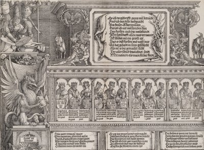 La sección superior del portal derecho, con la inscripción en una piel de ciervo, un friso con..., 1515 de Hieronymus Andreae