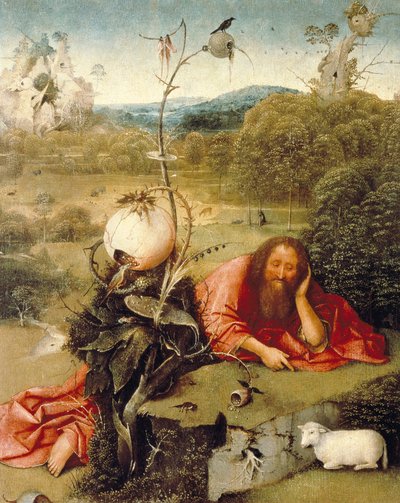 San Juan Bautista adormecido en la naturaleza. Pintura de Hieronymus Bosch (1450-1516) 1504-1505. Madrid, Fundación Lázaro Galdiano de Hieronymus Bosch