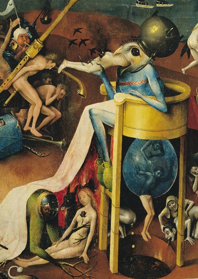El jardín de las delicias: Infierno, ala derecha del tríptico, detalle del hombre-pájaro azul en un taburete, c.1500 (detalle) de Hieronymus Bosch