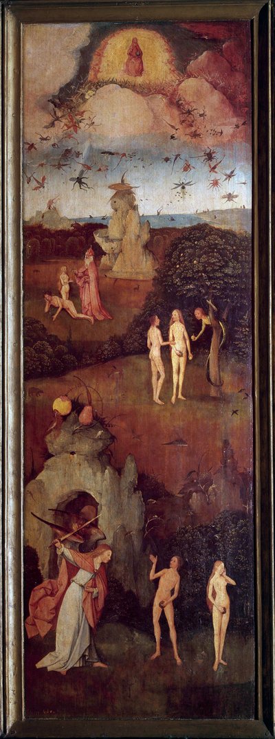 El carro de heno La creación de Adán y Eva. Son expulsados del Paraíso después del pecado original. Panel izquierdo del tríptico alegórico sobre el Pasado, el presente de Hieronymus Van Aeken (Aken) llamado Jerome Bosch, alrededor de 1490. Madrid, Museo de de Hieronymus Bosch