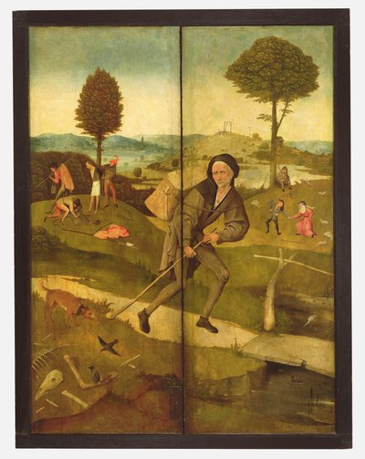 El carro de heno, con paneles cerrados mostrando a Everyman caminando por el Camino de la Vida de Hieronymus Bosch