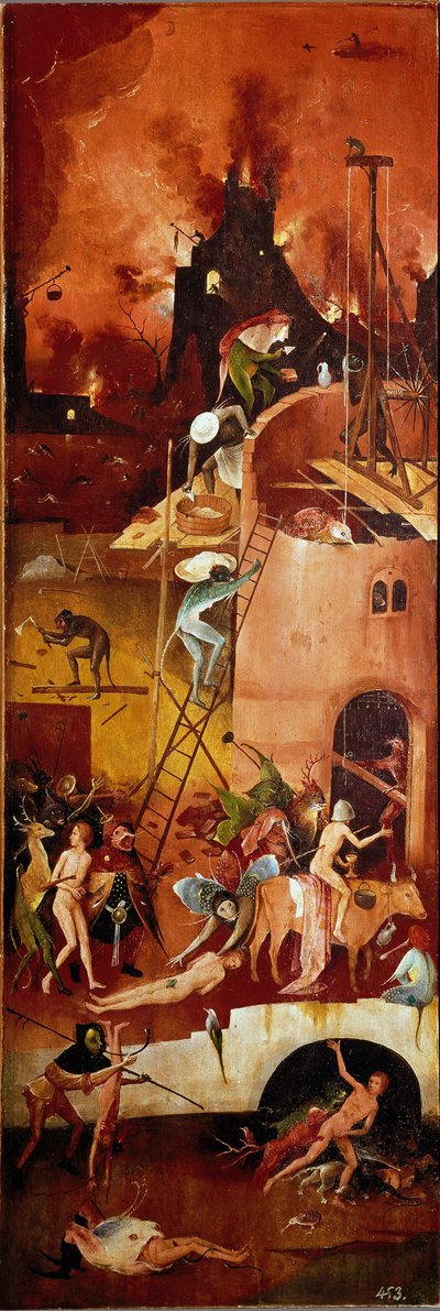 El tríptico del heno: construcciones infernales. Panel interior derecho de Hieronymus Bosch