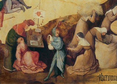 El sacamuelas, el gaitero y los recolectores de leña, detalle del panel central del Tríptico del carro de heno, c.1515 (detalle) de Hieronymus Bosch