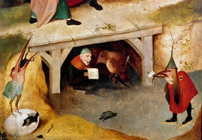 Tríptico de las tentaciones, (detalle). Lado izquierdo: la huida y caída de San Antonio el Grande (o San Antonio el Ermitaño o San Antonio el Abad). Pintura de Hieronymus Bosch (1450-1516) de Hieronymus Bosch