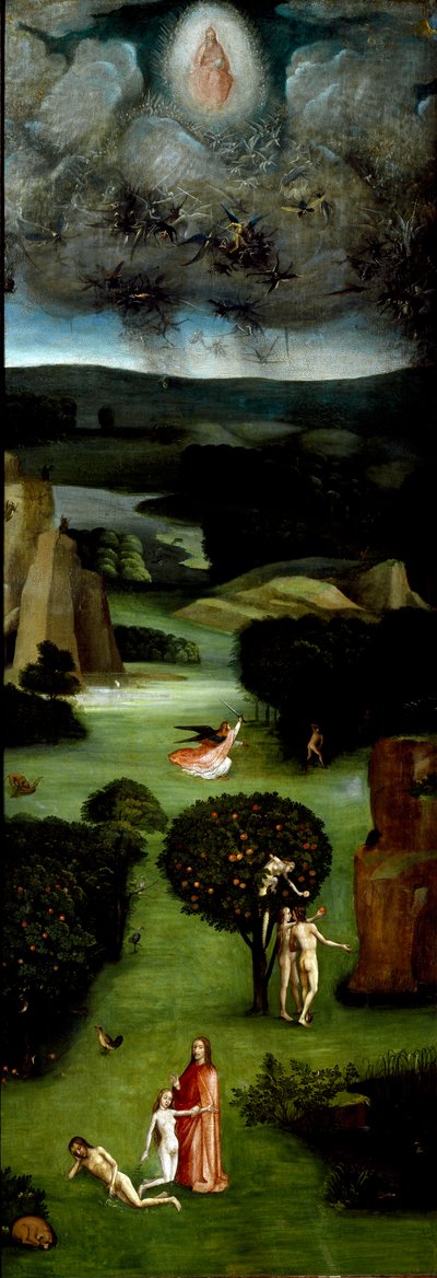 Tríptico del Juicio Final: panel izquierdo que representa a Adán y Eva en el Paraíso. De abajo hacia arriba: la creación (nacimiento) de Eva, la tentación de Adán y Eva (pecado original) y su expulsión del Jardín del Edén de Hieronymus Bosch