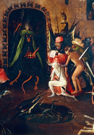 Tríptico del Juicio Final, panel derecho. El Infierno con monstruos mitad hombre, mitad animal (detalle) de Hieronymus Bosch