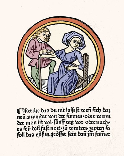 Una mujer sangrando. Xilografía tomada de “Buch de Cirugía” de Hyeronimus Braunschweig. Estrasburgo 1497 de Hieronymus Brunschwig