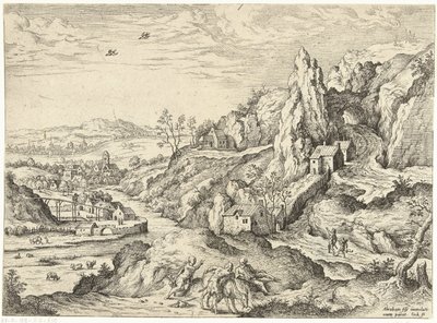 Abraham e Isaac camino al lugar del sacrificio Paisajes con escenas bíblicas y mitológicas (título de serie) de Hieronymus Cock