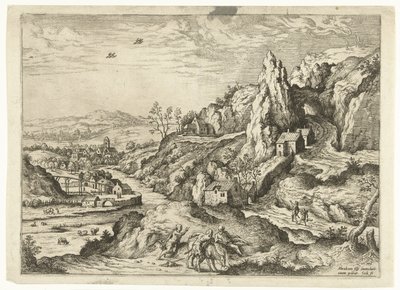 Abraham e Isaac camino al lugar del sacrificio Paisajes con escenas bíblicas y mitológicas (título de serie) de Hieronymus Cock