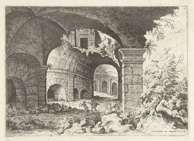 Octava vista del Coliseo de Roma Colossi to prospect vs 8 (título sobre objeto) Ruinas romanas (título de la serie) de Hieronymus Cock