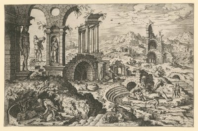 San Jerónimo en un paisaje de ruinas de Hieronymus Cock