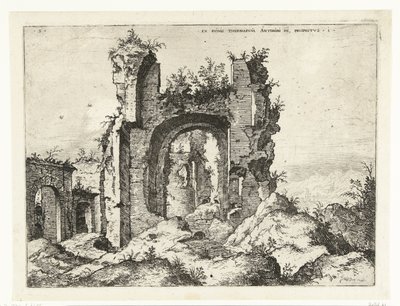 Primera vista de las Termas de Caracalla Ex Rvinis Thermarvm Antonii Pii (...) (título sobre el objeto) Ruinas romanas (título de la serie) de Hieronymus Cock