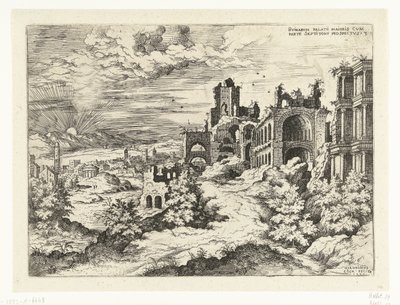Vista de la Colina Palatina con salida del sol Rvinarvm palatii maioris (...) (título sobre objeto) Ruinas romanas (título de la serie) de Hieronymus Cock