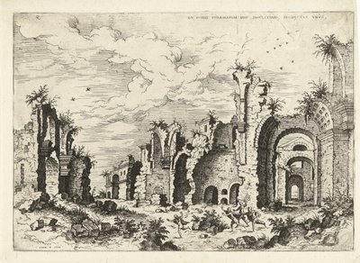 Vista de las Termas de Diocleciano Ex Rvinis Thermarvm Imp Diocletianvs (...) (título sobre el objeto) Ruinas romanas (título de la serie) de Hieronymus Cock