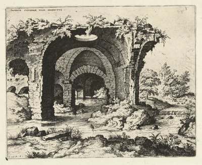 Vista de una ruina en Roma Incerte cvvs dam irvine prospectus (título sobre el objeto) Ruinas romanas (título de la serie) de Hieronymus Cock