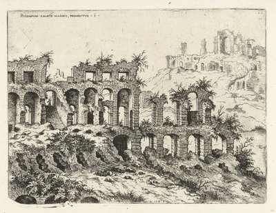 Vista del Coliseo y la Colina Palatina Rvinarvm palatii maioris, prospectvs 1 (título sobre el objeto) Ruinas romanas (título de la serie) de Hieronymus Cock